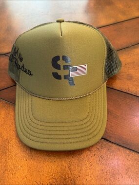 Men's Olive Trucker Hat with American Flag Logo